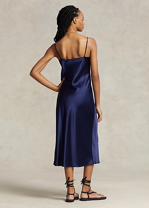 Marinblå Ralph Lauren Mulberry Silk Midi Slipklänning för kvinnor Marinblå Ralph Lauren Mulberry Silk Midi Slipklänning för kvinnor