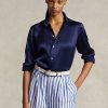 Marinblå Ralph Lauren Mulberry Silk Shir-skjortor för kvinnor Marinblå Ralph Lauren Mulberry Silk Shir-skjortor för kvinnor