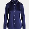 Marinblå Ralph Lauren Mulberry Silk Shir-skjortor för kvinnor Marinblå Ralph Lauren Mulberry Silk Shir-skjortor för kvinnor