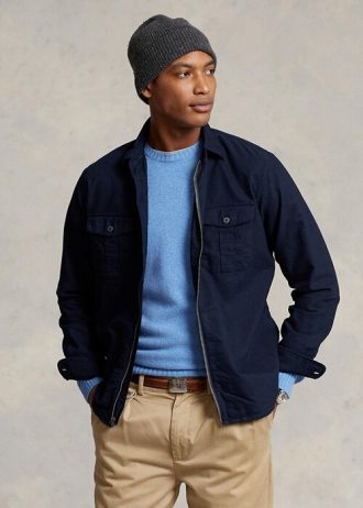 Marinblå Ralph Lauren plaggfärgade Oxford-overshirtjackor för män