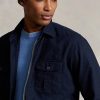 Marinblå Ralph Lauren plaggfärgade Oxford-overshirtjackor för män Marinblå Ralph Lauren plaggfärgade Oxford-overshirtjackor för män