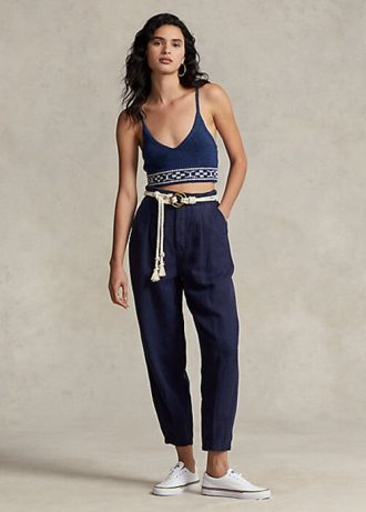 Marinblå Ralph Lauren plisserade byxor i linneblandning för kvinnor
