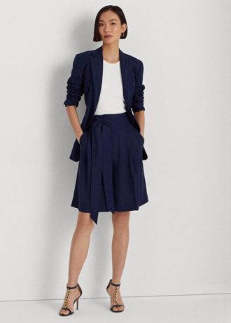 Marinblå Ralph Lauren Plisserade Georgette Shorts med vida ben