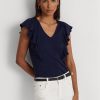 Marinblå Ralph Lauren Ralph Lauren T-shirts med volanger i ribbad Marinblå Ralph Lauren Ralph Lauren T-shirts med volanger i ribbad