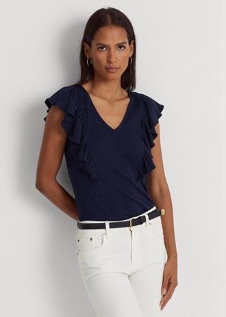 Marinblå Ralph Lauren Ralph Lauren T-shirts med volanger i ribbad
