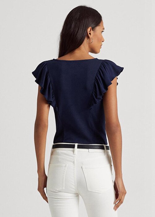Marinblå Ralph Lauren Ralph Lauren T-shirts med volanger i ribbad Marinblå Ralph Lauren Ralph Lauren T-shirts med volanger i ribbad