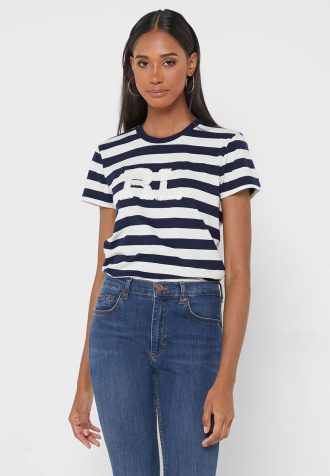Marinblå Ralph Lauren randiga T-shirts med rund hals för kvinnor