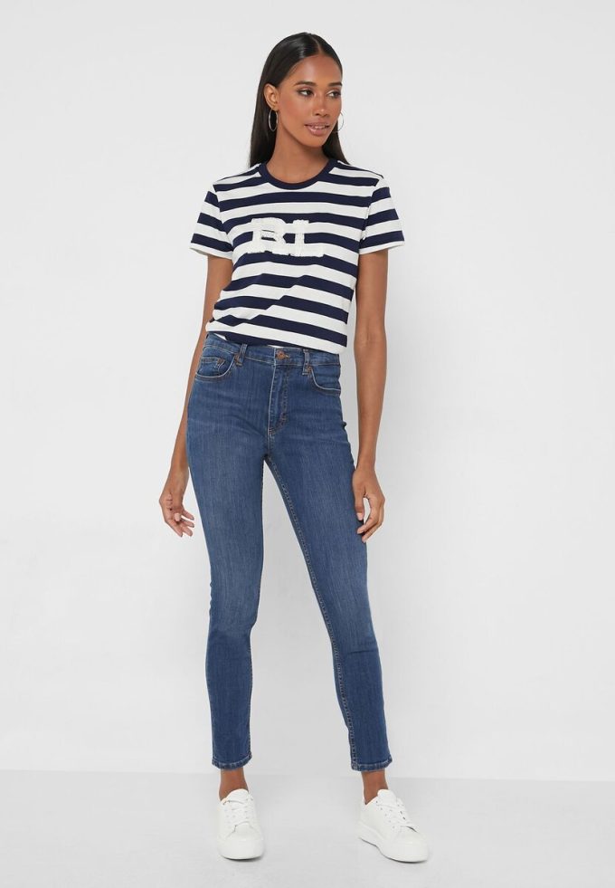 Marinblå Ralph Lauren randiga T-shirts med rund hals för kvinnor