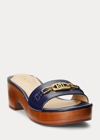 Marinblå Ralph Lauren Roxanne Nappa Lädersandaler för kvinnor