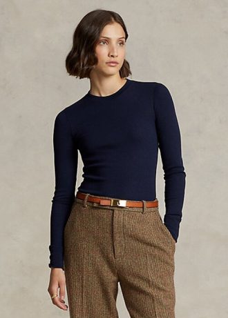Marinblå Ralph Lauren T-shirts med ribbad mocka för kvinnor