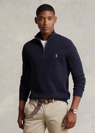 Marinblå Ralph Lauren texturerad bomull herrtröjor med kvarts dragkedja