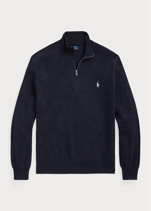 Marinblå Ralph Lauren texturerad bomull herrtröjor med kvarts dragkedja Marinblå Ralph Lauren texturerad bomull herrtröjor med kvarts dragkedja
