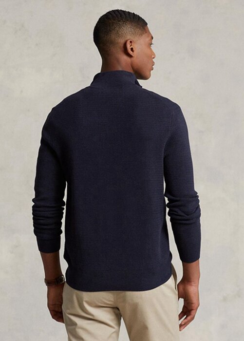 Marinblå Ralph Lauren texturerad bomull herrtröjor med kvarts dragkedja Marinblå Ralph Lauren texturerad bomull herrtröjor med kvarts dragkedja