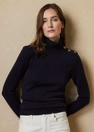 Marinblå Ralph Lauren-tröjor i kashmir med knäppning för kvinnor Marinblå Ralph Lauren-tröjor i kashmir med knäppning för kvinnor