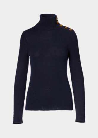 Marinblå Ralph Lauren-tröjor i kashmir med knäppning för kvinnor Marinblå Ralph Lauren-tröjor i kashmir med knäppning för kvinnor