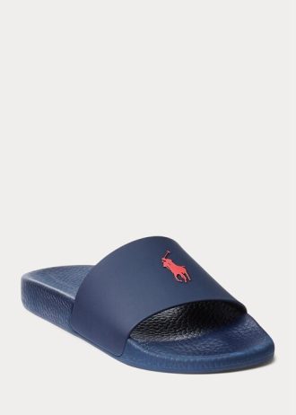 Marinblå/röda Ralph Lauren signaturponnytofflor för män