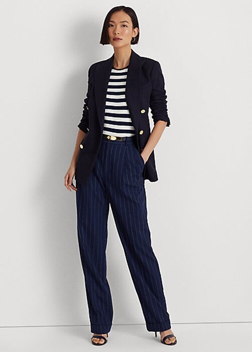 Marinblå/vit dam Ralph Lauren Pinstripe Twill raka byxor Marinblå/vit dam Ralph Lauren Pinstripe Twill raka byxor