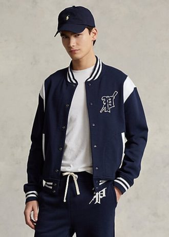 Marinblå/vit herr Ralph Lauren Fleece Letterman jackor