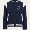 Marinblå/vit herr Ralph Lauren Fleece Letterman jackor Marinblå/vit herr Ralph Lauren Fleece Letterman jackor