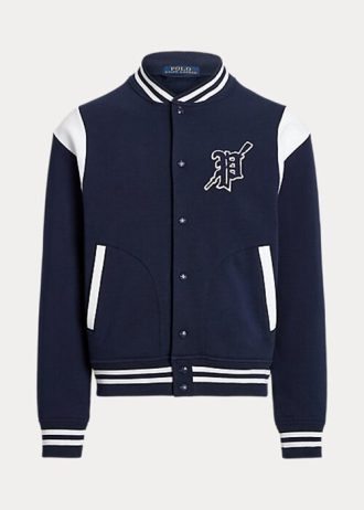 Marinblå/vit herr Ralph Lauren Fleece Letterman jackor