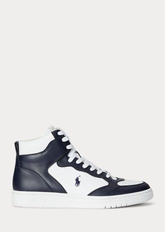 Marinblå/vita mäns Ralph Lauren Court High-Top Sneakers i läder