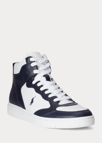 Marinblå/vita mäns Ralph Lauren Court High-Top Sneakers i läder