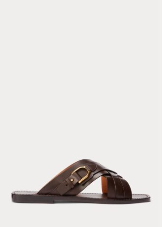 Mörkbruna Ralph Lauren Welington tofflor i kalvskinn för män