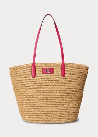 Natur/Sport Rosa Ralph Lauren läderklädda halmstrå för kvinnor, stora brie-påsar