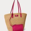 Natur/Sport Rosa Ralph Lauren läderklädda halmstrå för kvinnor, stora brie-påsar Natur/Sport Rosa Ralph Lauren läderklädda halmstrå för kvinnor, stora brie-påsar