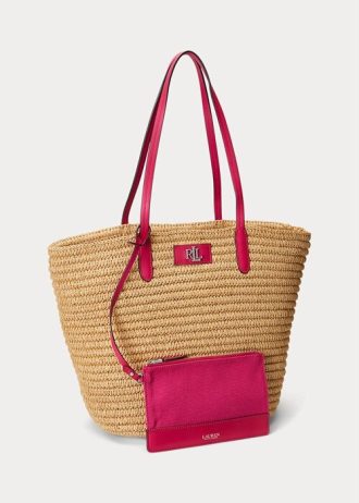 Natur/Sport Rosa Ralph Lauren läderklädda halmstrå för kvinnor, stora brie-påsar