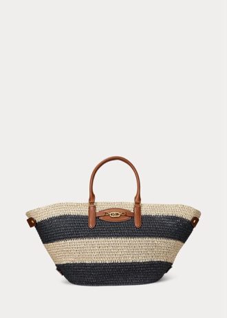 Natur/svart/Lauren Tan, Ralph Lauren randiga halm, medelstora Daphney-tygväskor för kvinnor