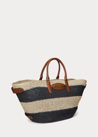 Natur/svart/Lauren Tan, Ralph Lauren randiga halm, medelstora Daphney-tygväskor för kvinnor