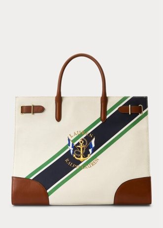 Naturlig/grafisk rand för kvinnor Ralph Lauren Print Canvas Stora Devyn tygpåsar