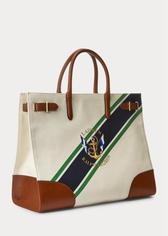 Naturlig/grafisk rand för kvinnor Ralph Lauren Print Canvas Stora Devyn tygpåsar
