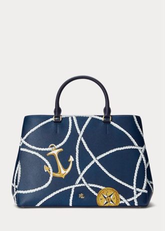 Nautiskt reptryck dam Ralph Lauren Crosshatch Läder Stora Hanna Satchel-väskor