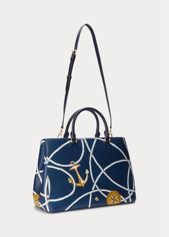 Nautiskt reptryck dam Ralph Lauren Crosshatch Läder Stora Hanna Satchel-väskor