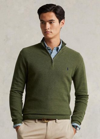 Olive Ralph Lauren Meshstickad bomullströja med kvarts dragkedja för män