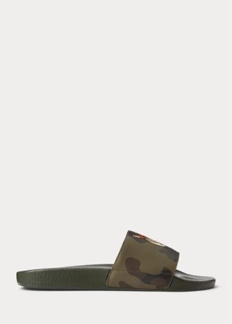 Olive Ralph Lauren Tiger Camo lädertofflor för män