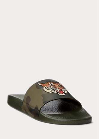 Olive Ralph Lauren Tiger Camo lädertofflor för män