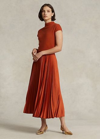 Orange Ralph Lauren Hybrid-plisserad mockneck klänning för kvinnor