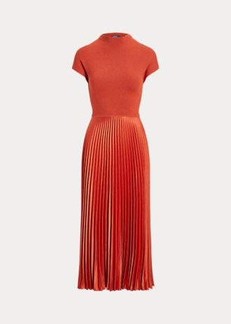 Orange Ralph Lauren Hybrid-plisserad mockneck klänning för kvinnor