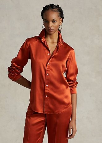 Orange Ralph Lauren Mulberry Silk Shir-skjortor för kvinnor