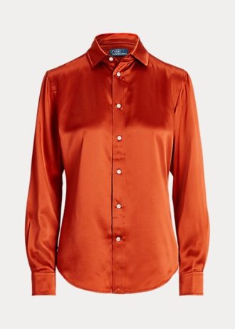 Orange Ralph Lauren Mulberry Silk Shir-skjortor för kvinnor