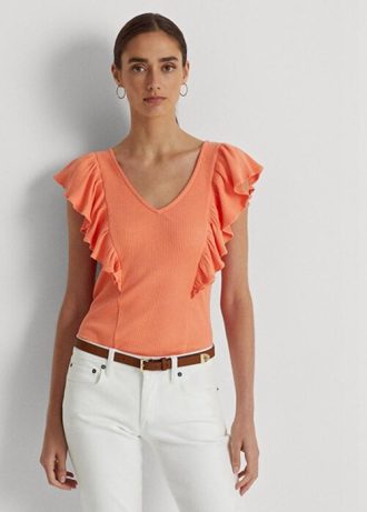 Orange Ralph Lauren Ralph Lauren T-shirts med volanger i ribbstickade t-shirts Orange Ralph Lauren Ralph Lauren T-shirts med volanger i ribbstickade t-shirts