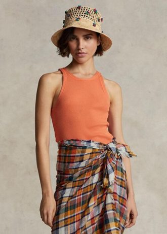 Orange Ralph Lauren Ribbstickade bomullströjor för kvinnor