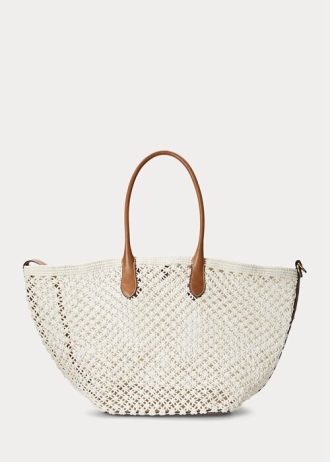 Parchment Cream Dam Ralph Lauren Lädertrim Virkade Stora Bellport Tygpåsar