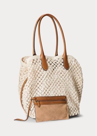 Parchment Cream Dam Ralph Lauren Lädertrim Virkade Stora Bellport Tygpåsar