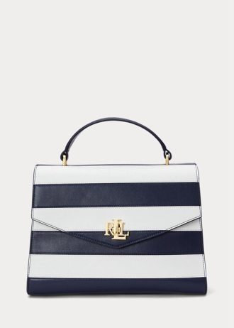 Raffinerad marin/vit rand för kvinnor Ralph Lauren randigt läder Medium Farrah väskor