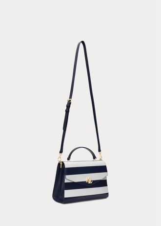Raffinerad marin/vit rand för kvinnor Ralph Lauren randigt läder Medium Farrah väskor