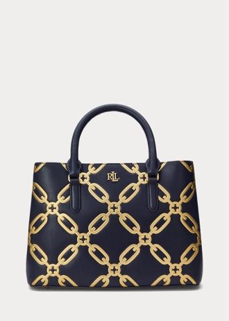 Raffinerad marinblå/modernt guld Ralph Lauren folietryckt läder, medelstora Marcy-väskor för kvinnor
